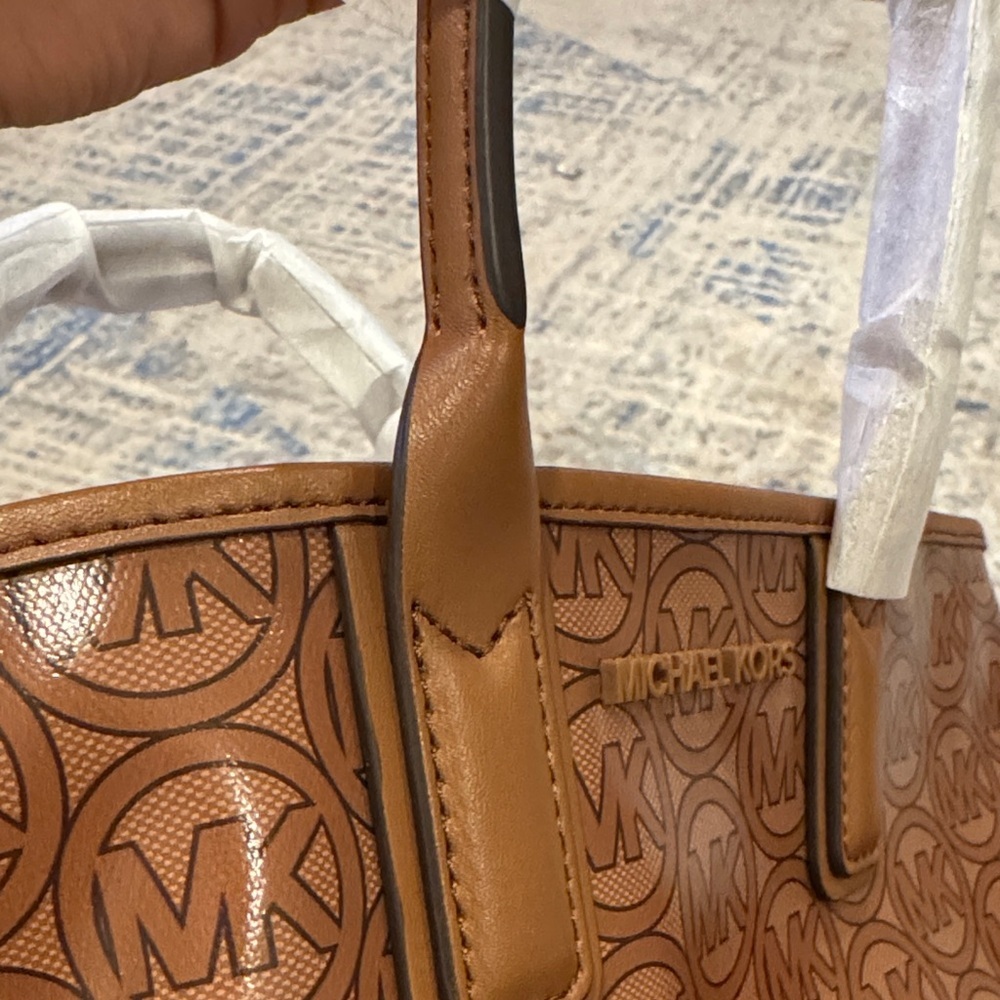 Michael Kors Tan Jodie small MK Logo Jacquard Tote in Luggage Style - Picture 5 of 6